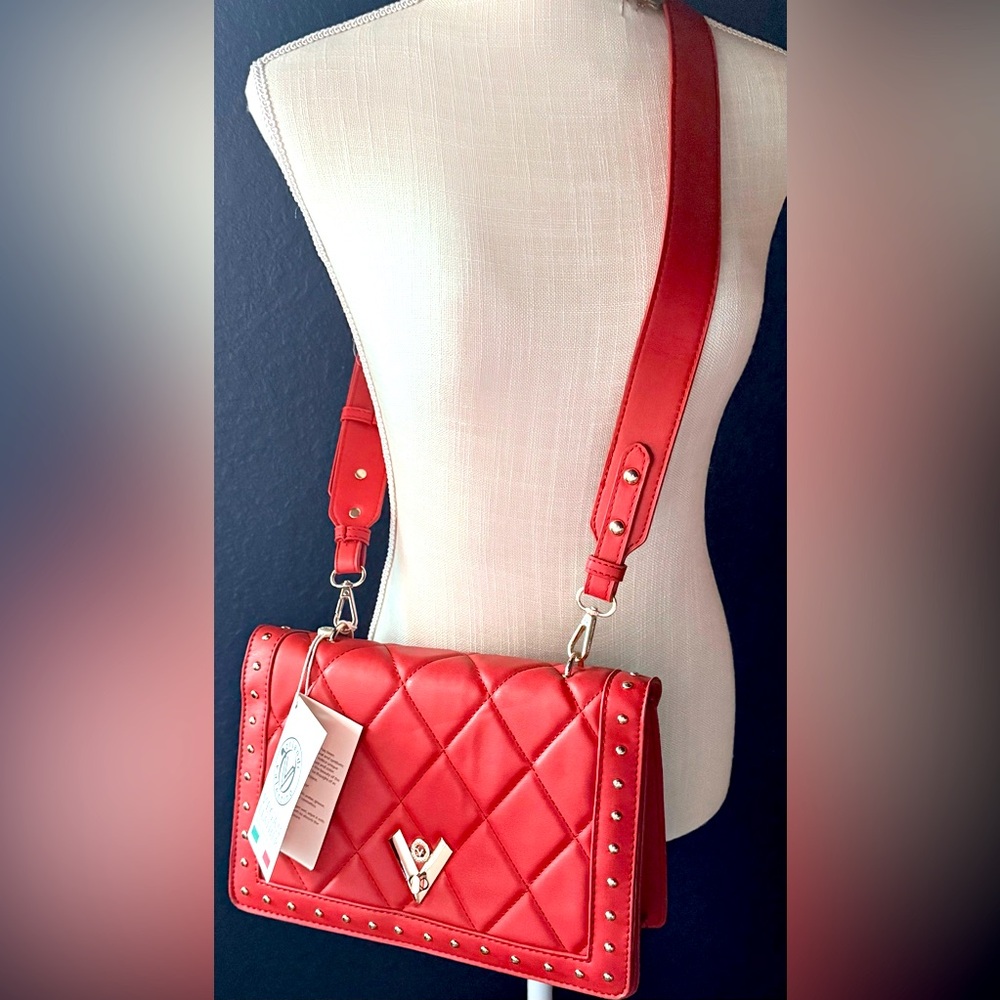 Valentino Orlandi Quilted Vegan Leather Red Studded Shoulder Bag V-2004 NWT.